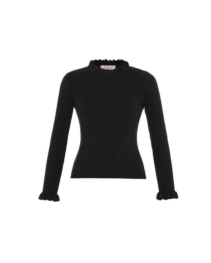 Pallas Rib Knit Ruffle Neck Sweater