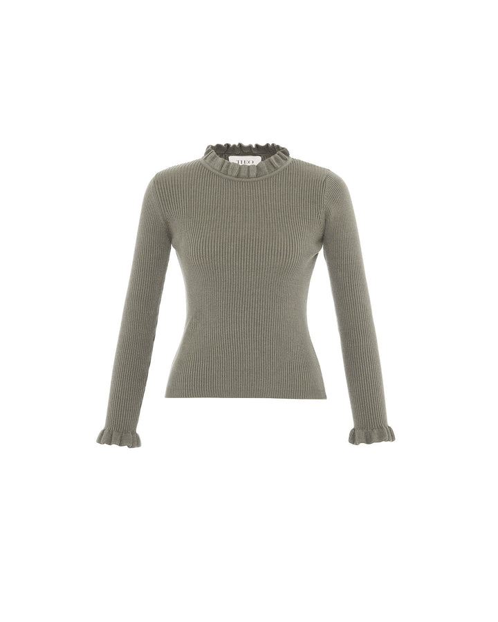 Pallas Rib Knit Ruffle Neck Sweater