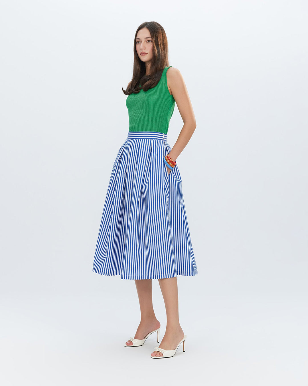 Echo Box Pleat Striped Midi Skirt