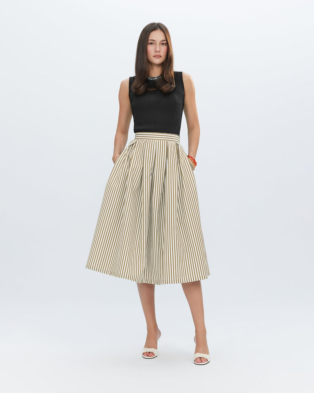 Echo Box Pleat Striped Midi Skirt