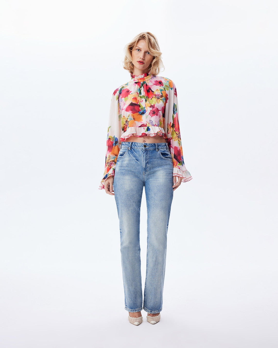 Theia Orchid Print Ruffle Blouse