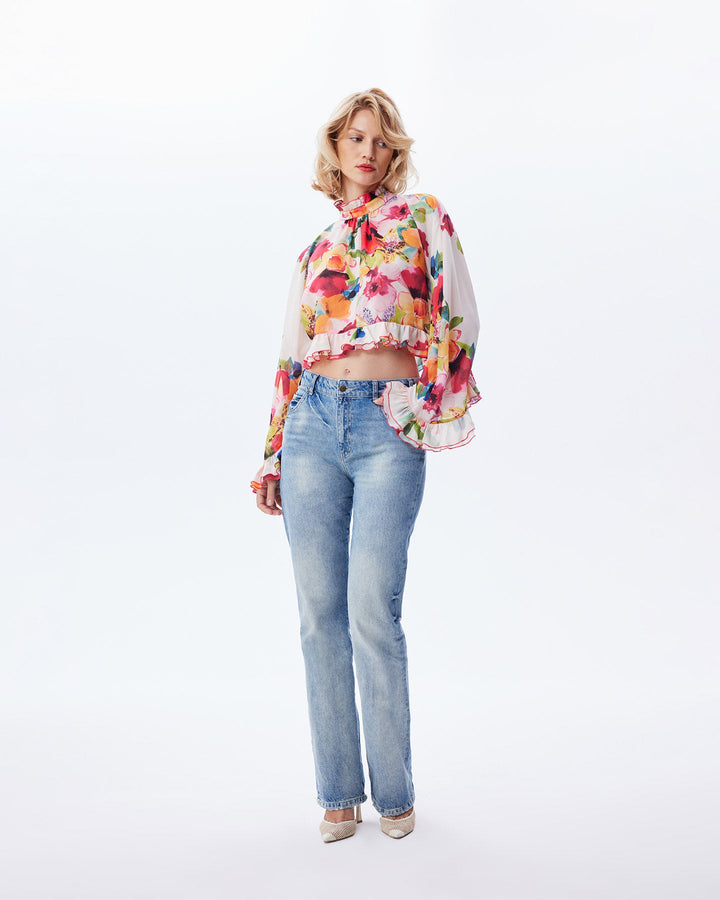 Theia Orchid Print Ruffle Blouse