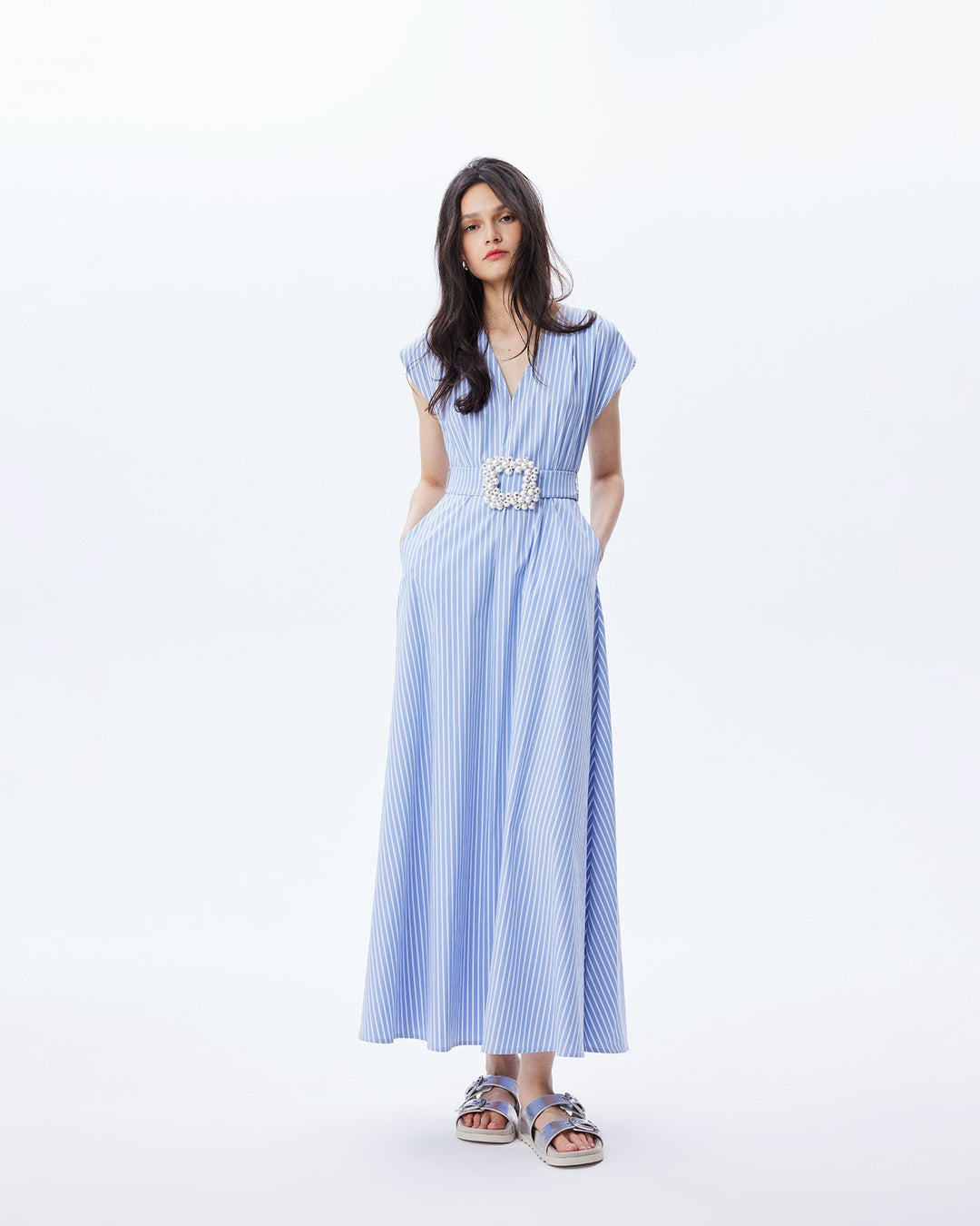 Echo Beaded Belt V-neck Shirtdress
