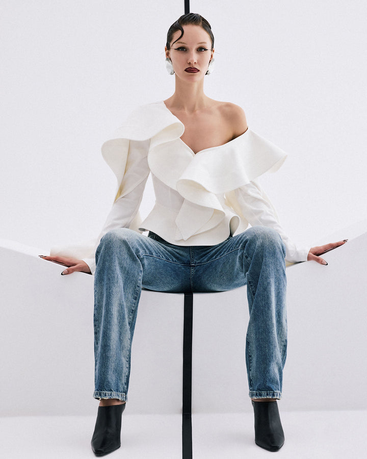 Gaia Ruffle Shoulder V-Neck Top