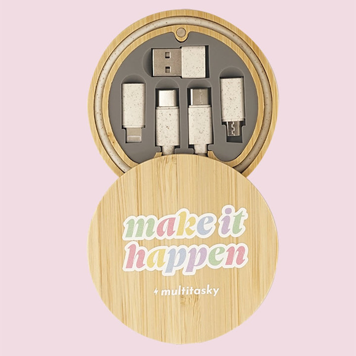 Make It Happen 6-in-1 Multi-USB Bamboo Charging Adapter Cable Kit