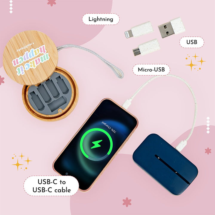 Make It Happen 6-in-1 Multi-USB Bamboo Charging Adapter Cable Kit